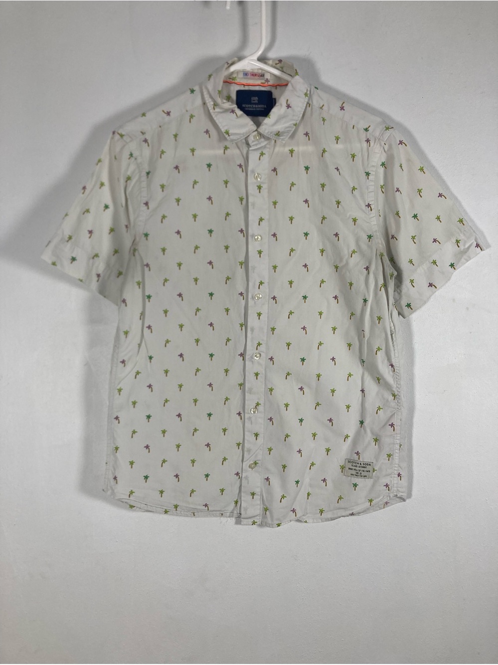 Scotch & Soda Tiki Thursday Regular Fit Button-Down Green & Tan Palm Print Small